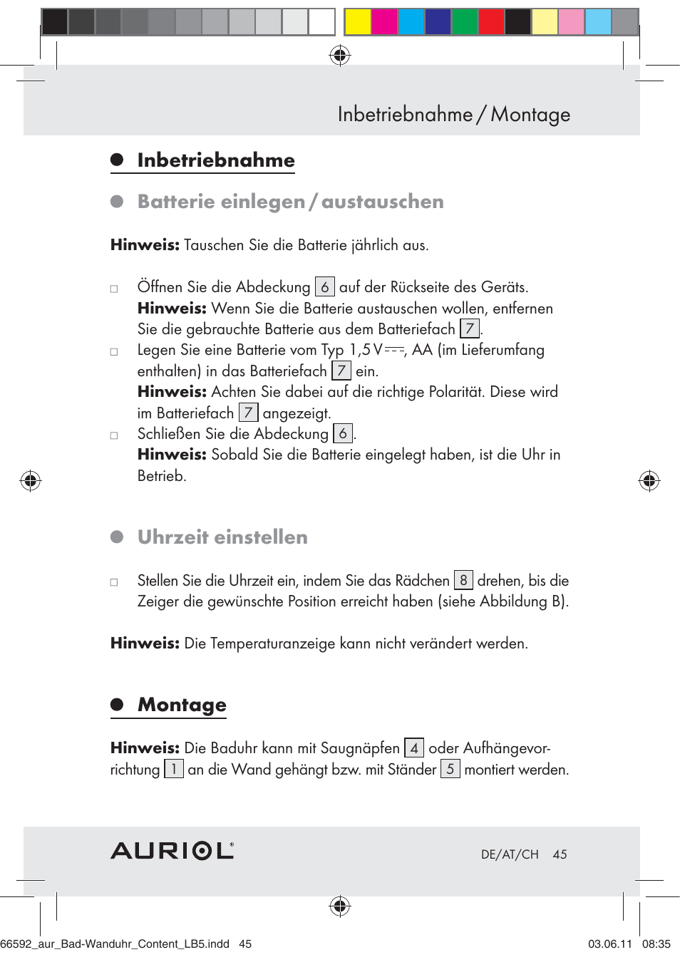 Inbetriebnahme / montage, Inbetriebnahme batterie einlegen / austauschen, Uhrzeit einstellen | Montage | Auriol Z30238 User Manual | Page 43 / 46