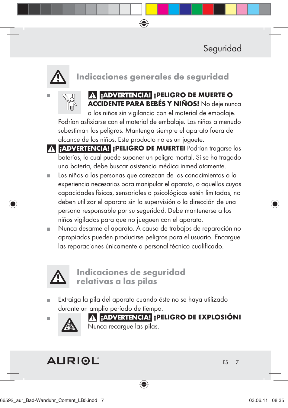 Seguridad, Indicaciones generales de seguridad, Indicaciones de seguridad relativas a las pilas | Auriol Z30238 User Manual | Page 5 / 46