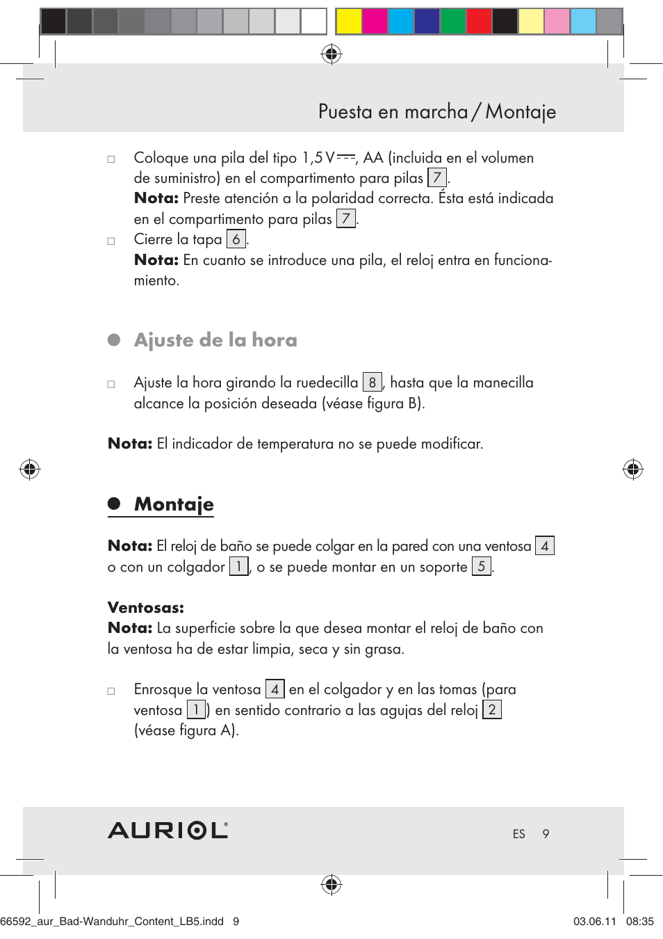 Puesta en marcha / montaje, Ajuste de la hora, Montaje | Auriol Z30238 User Manual | Page 7 / 46