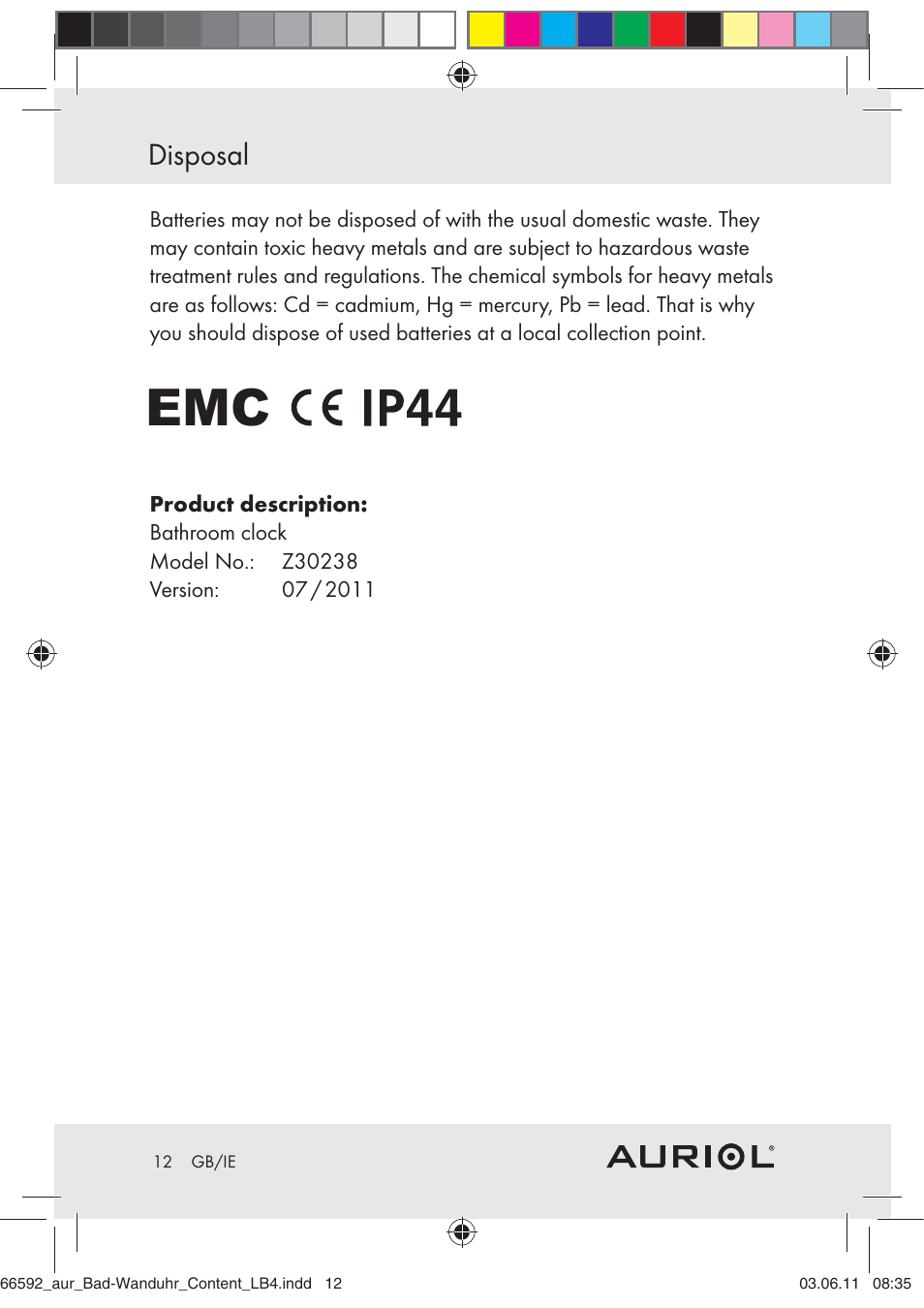 Disposal | Auriol Z30238 User Manual | Page 10 / 63