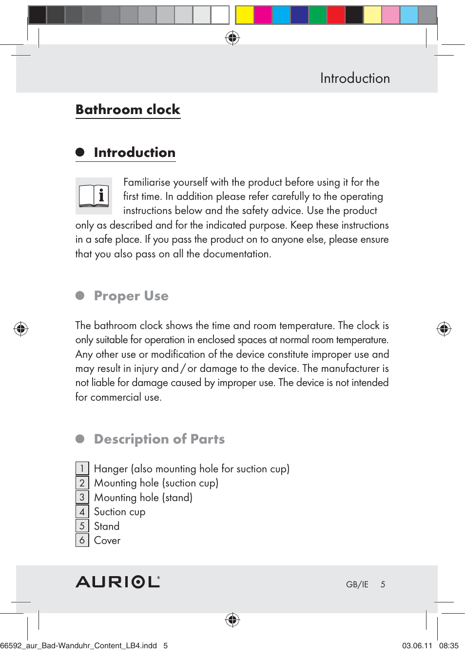 Introduction, Bathroom clock introduction, Proper use | Description of parts | Auriol Z30238 User Manual | Page 3 / 63