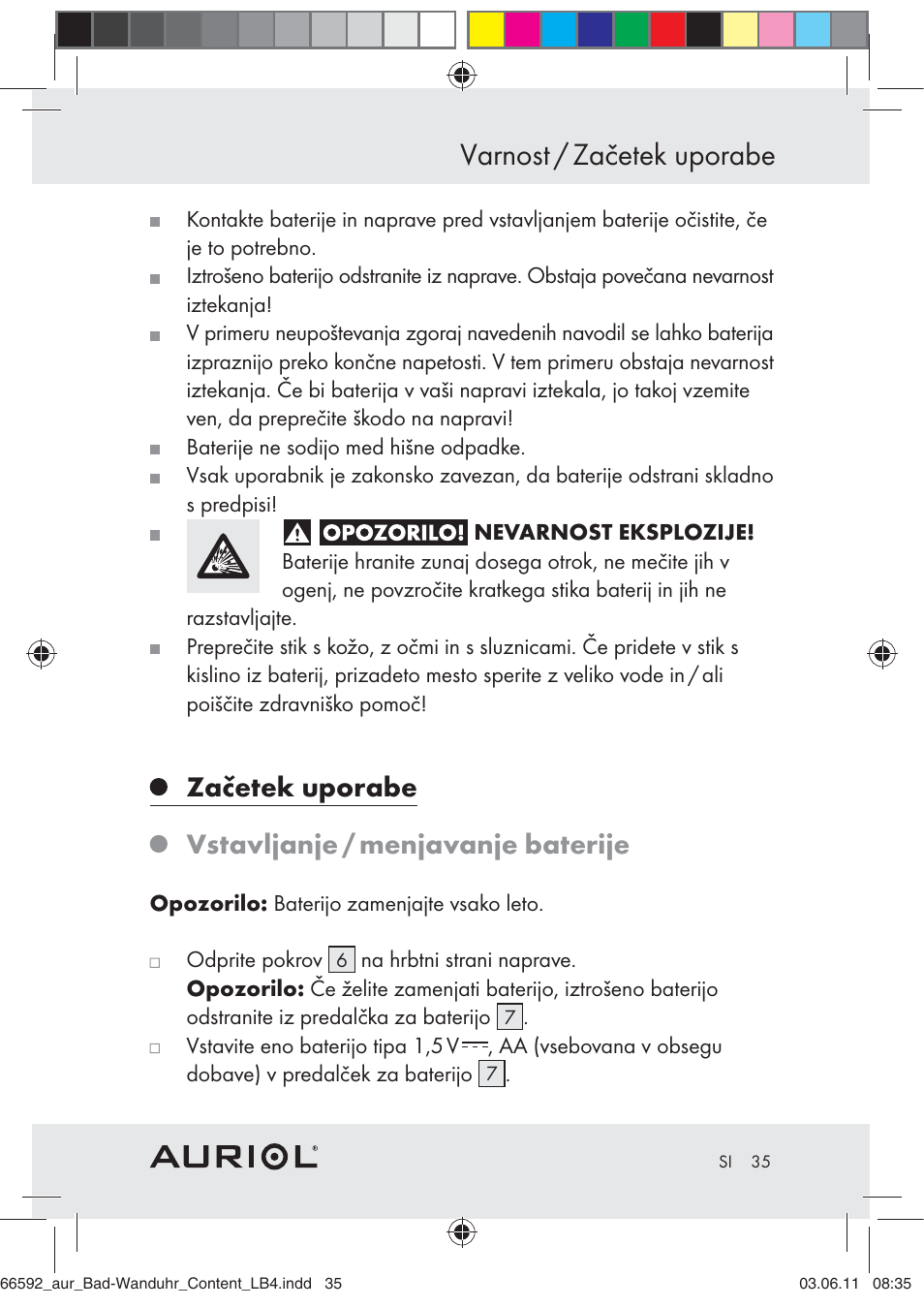 Varnost / začetek uporabe, Začetek uporabe vstavljanje / menjavanje baterije | Auriol Z30238 User Manual | Page 33 / 63