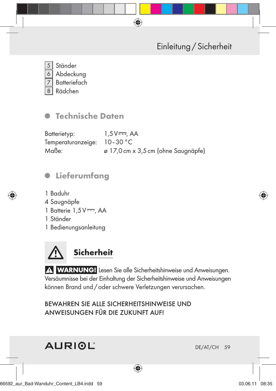 Einleitung / sicherheit, Technische daten, Lieferumfang | Sicherheit | Auriol Z30238 User Manual | Page 57 / 63