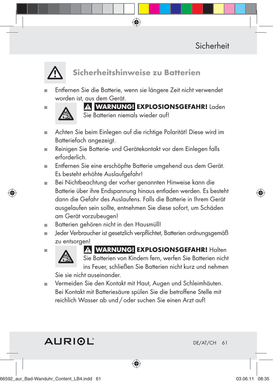 Sicherheit, Sicherheitshinweise zu batterien | Auriol Z30238 User Manual | Page 59 / 63