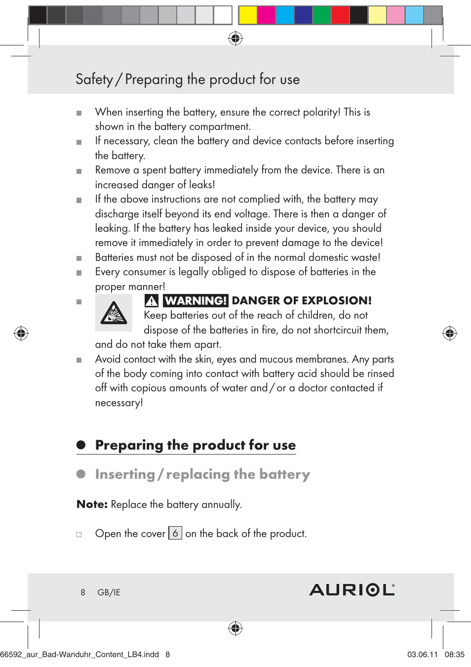 Safety / preparing the product for use | Auriol Z30238 User Manual | Page 6 / 63