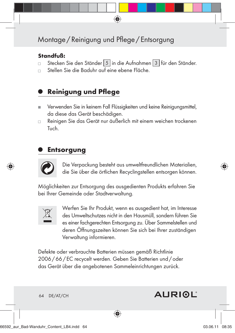 Montage / reinigung und pflege / entsorgung, Reinigung und pﬂege, Entsorgung | Auriol Z30238 User Manual | Page 62 / 63