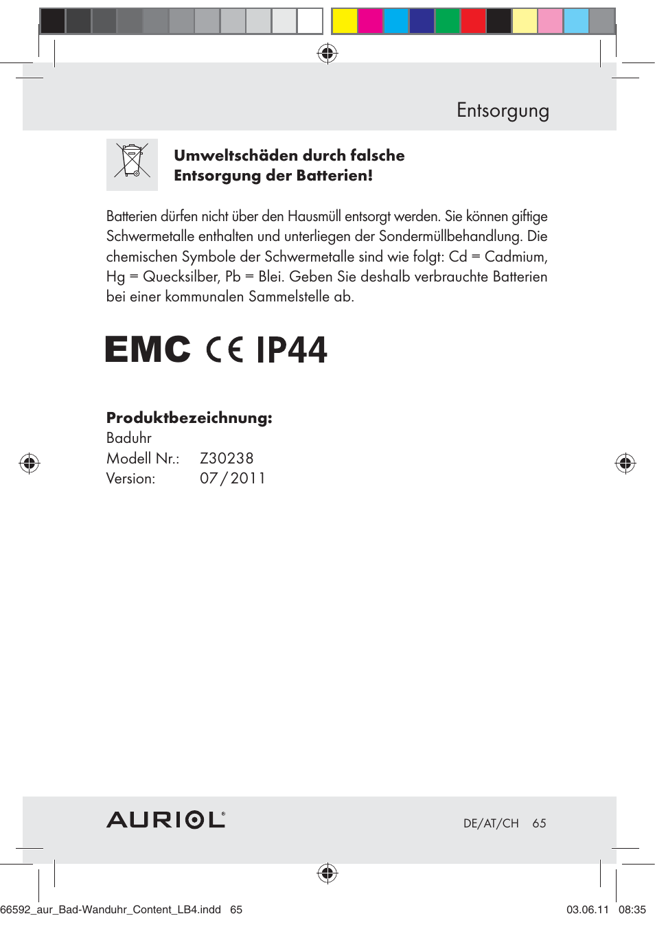 Entsorgung | Auriol Z30238 User Manual | Page 63 / 63