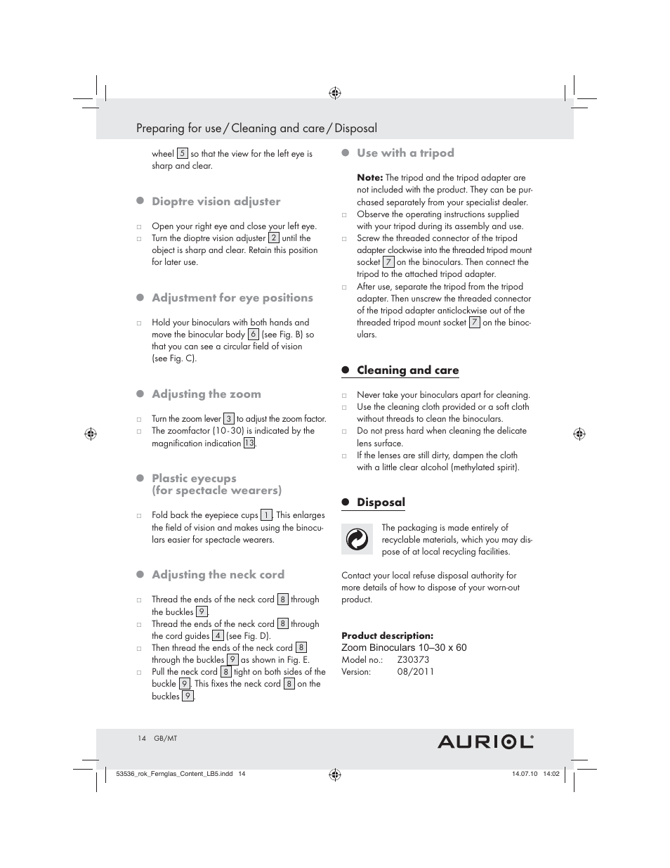 Sicherheit / bedienung, Preparing for use / cleaning and care / disposal | Auriol Z30373 User Manual | Page 12 / 15