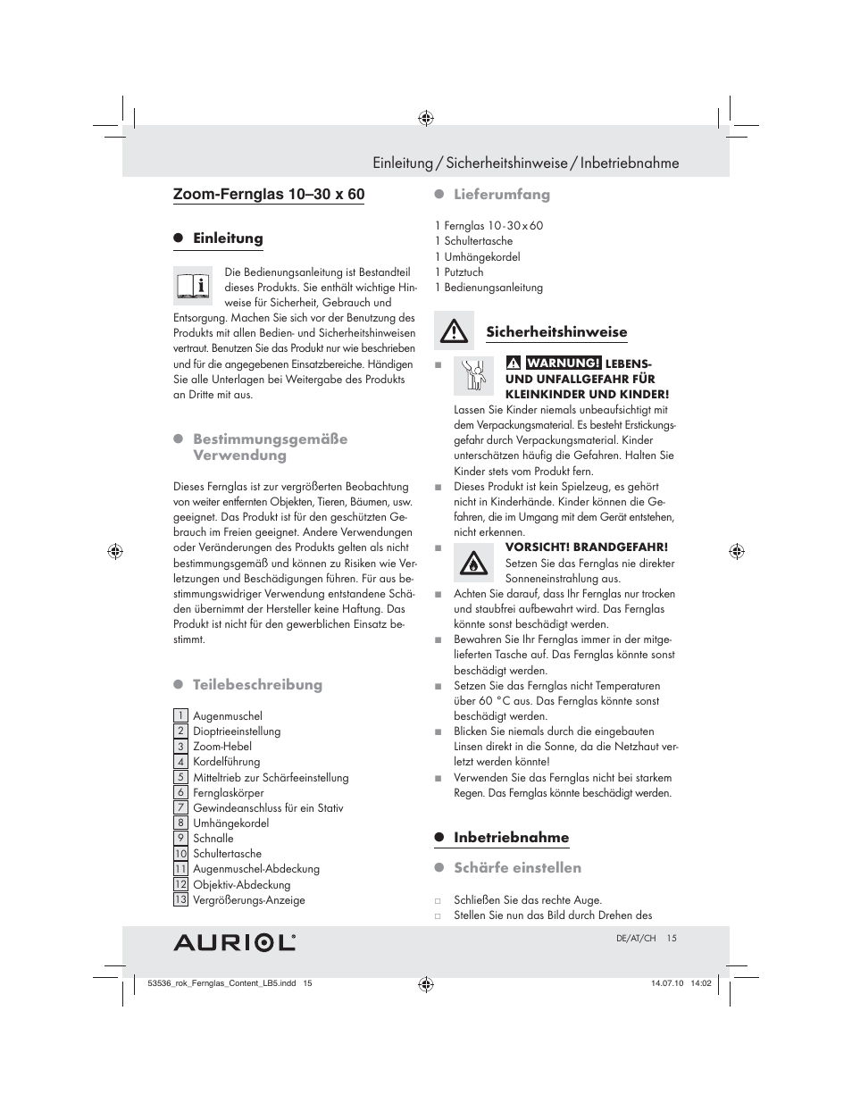 Einleitung / sicherheitshinweise / inbetriebnahme | Auriol Z30373 User Manual | Page 13 / 15