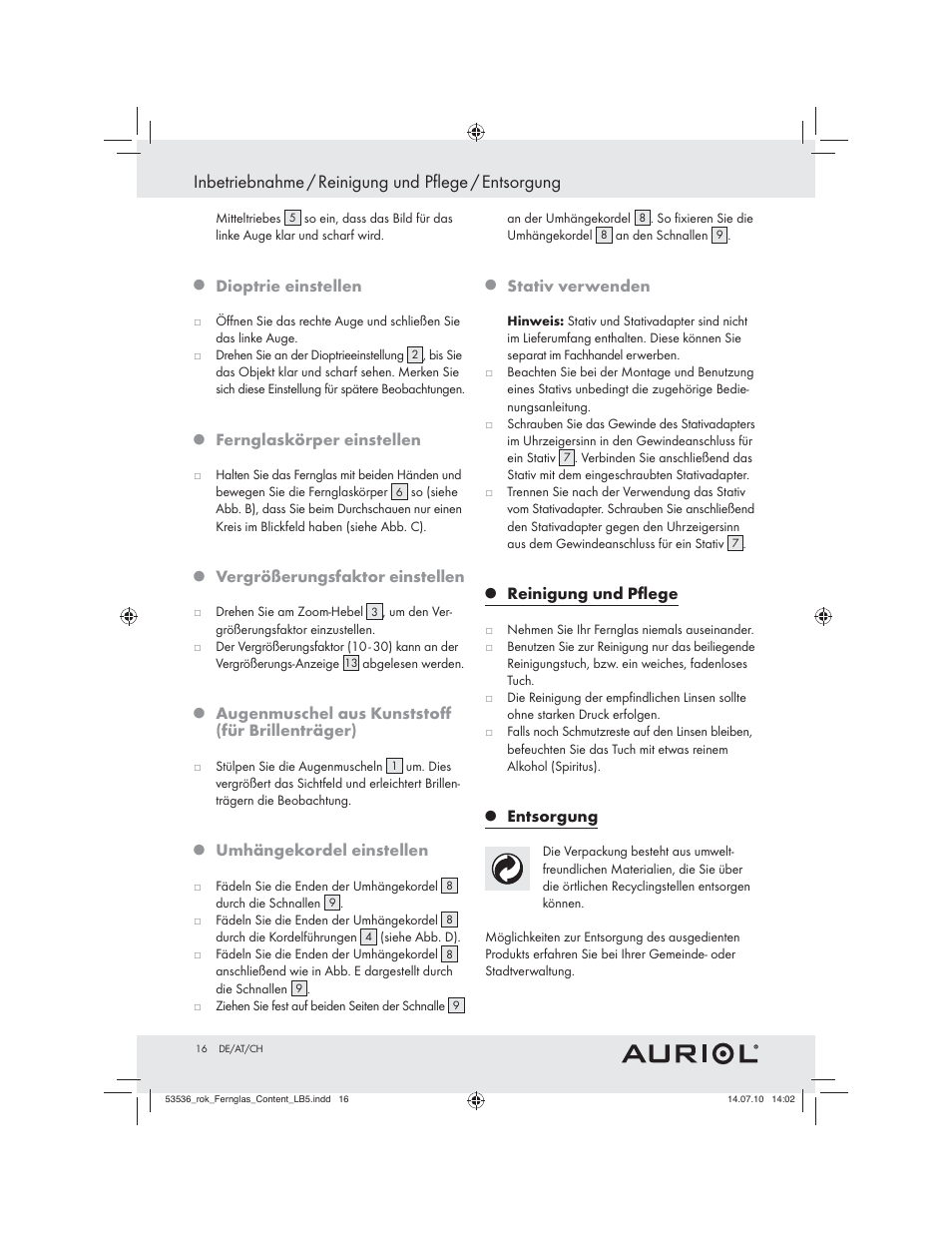 Sicherheit / bedienung, Inbetriebnahme / reinigung und pflege / entsorgung | Auriol Z30373 User Manual | Page 14 / 15