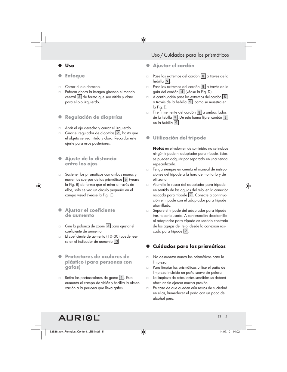 Uso / cuidados para los prismáticos | Auriol Z30373 User Manual | Page 3 / 15