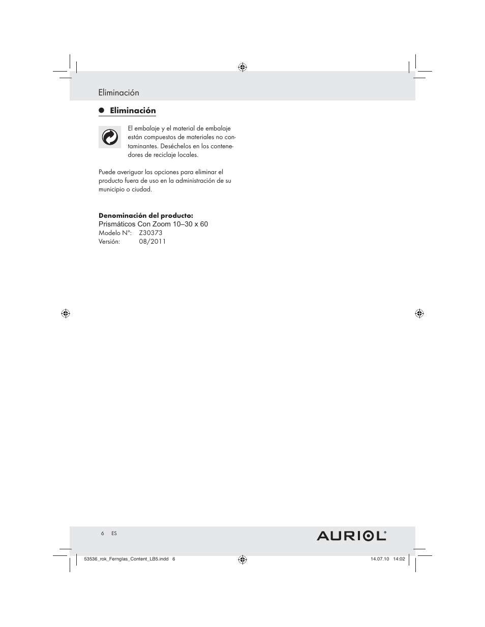 Eliminación | Auriol Z30373 User Manual | Page 4 / 15