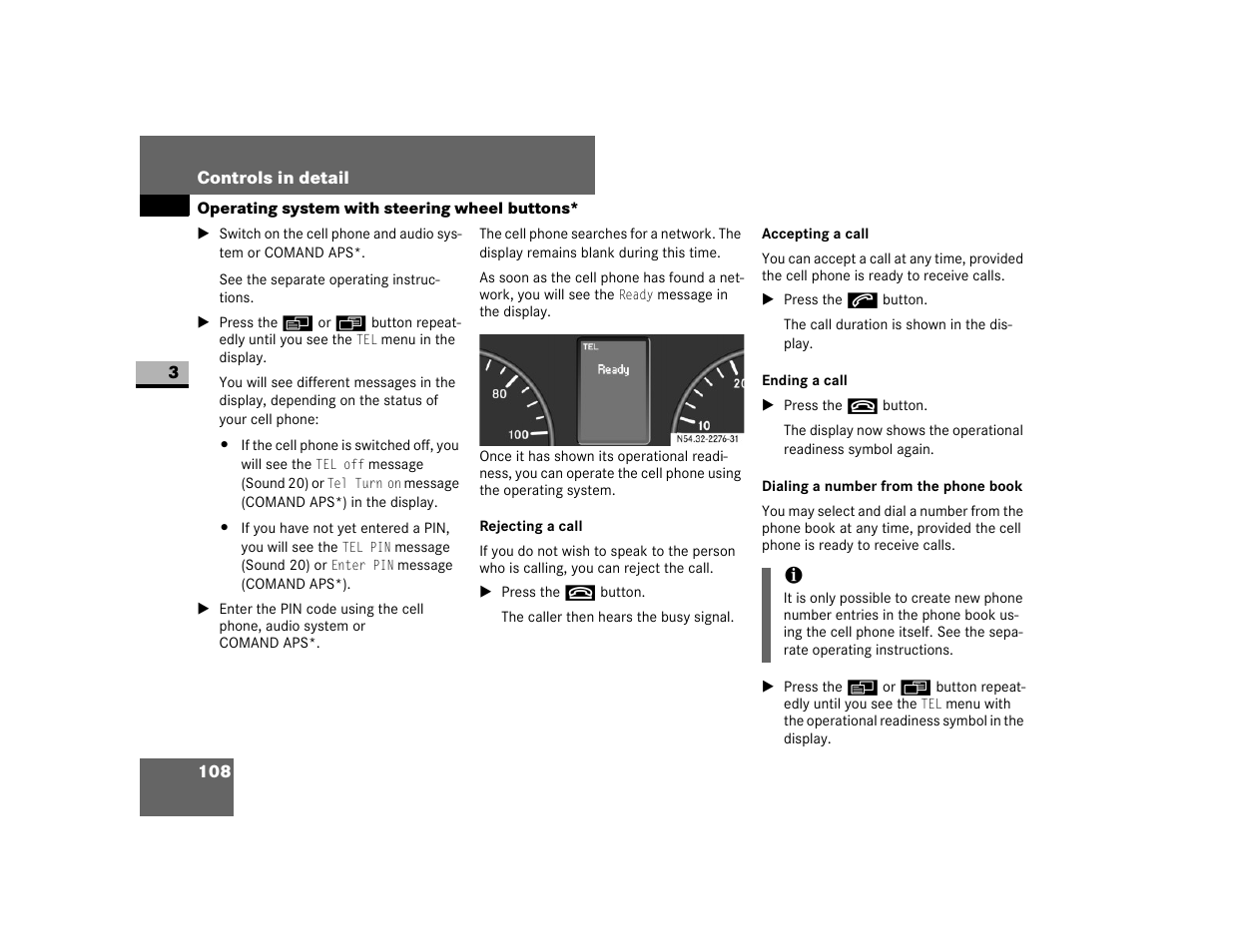 Rejecting a call, Ending a call, Dialing a number from the phone book | Dodge 2007 Sprinter User Manual | Page 109 / 393
