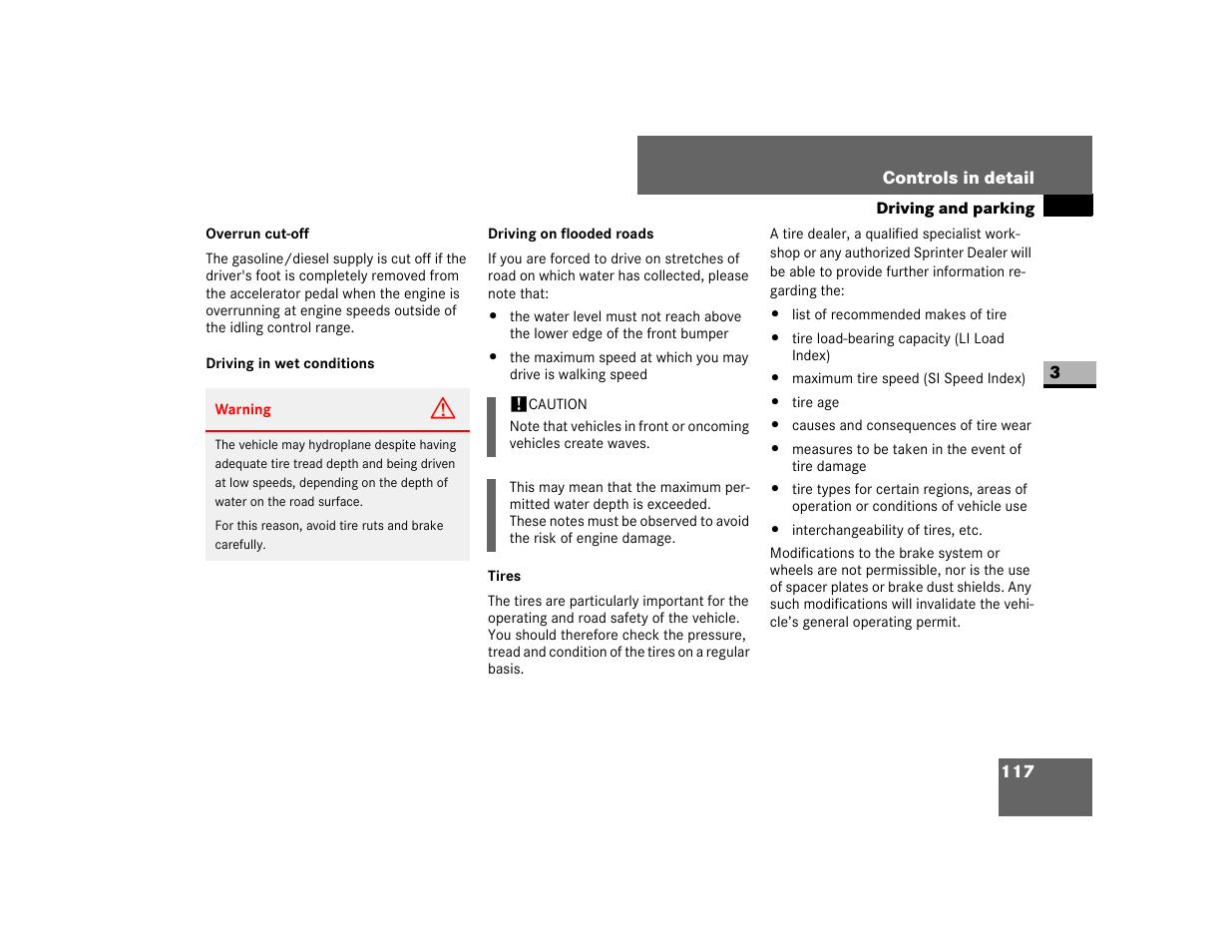 Driving in wet conditions, Tires | Dodge 2007 Sprinter User Manual | Page 118 / 393