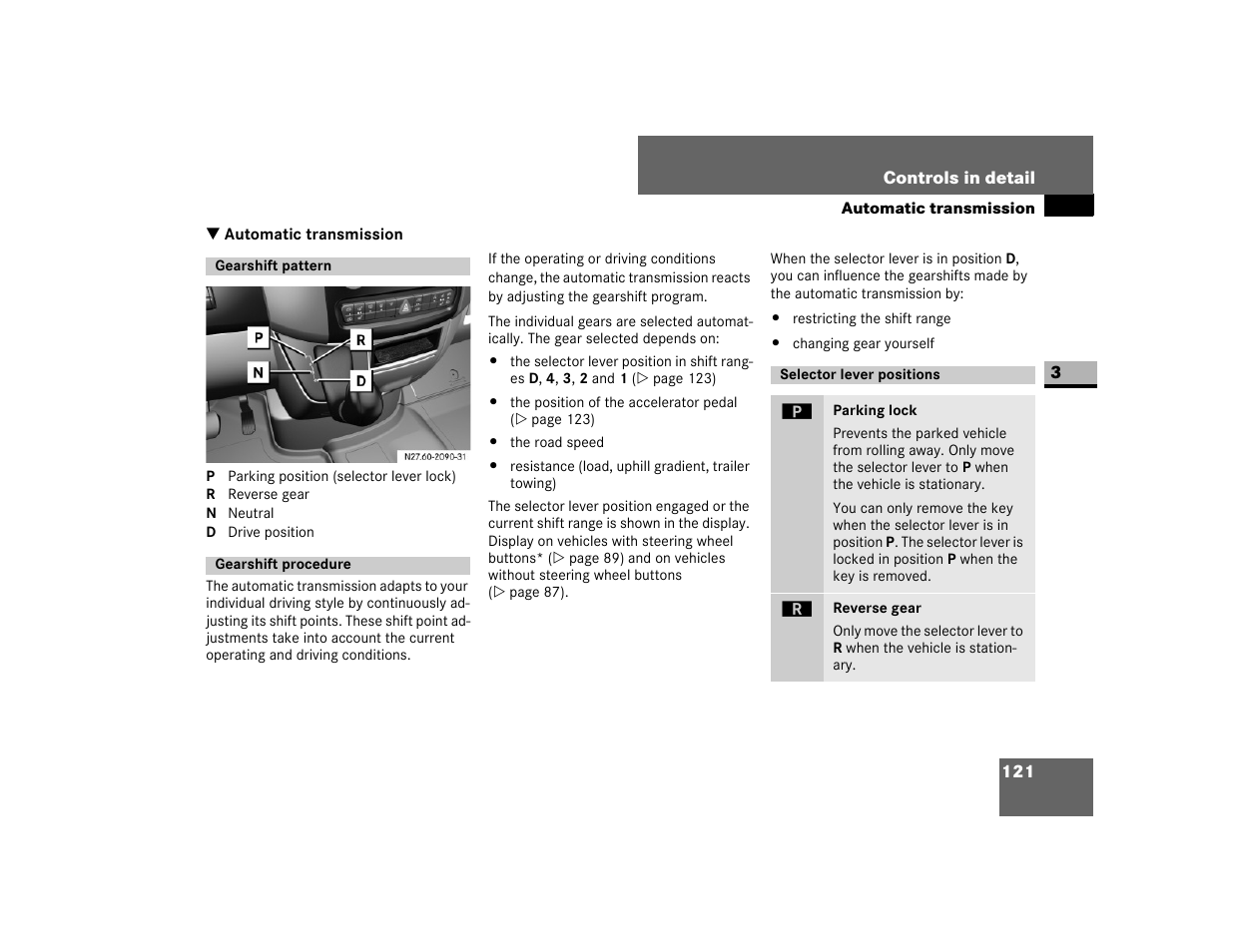 Automatic transmission, Gearshift pattern, Gearshift procedure | Selector lever positions, Tion | Dodge 2007 Sprinter User Manual | Page 122 / 393