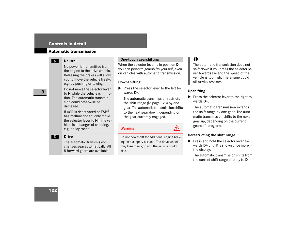 One-touch gearshifting, Downshifting, Upshifting | Derestricting the shift range | Dodge 2007 Sprinter User Manual | Page 123 / 393