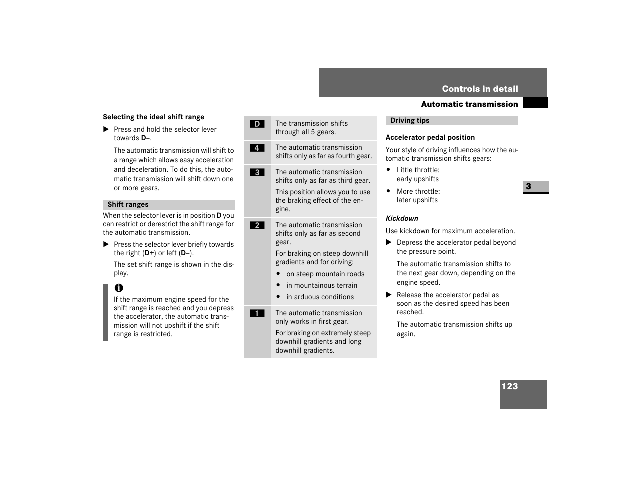 Shift ranges, Driving tips, Accelerator pedal position | Dodge 2007 Sprinter User Manual | Page 124 / 393