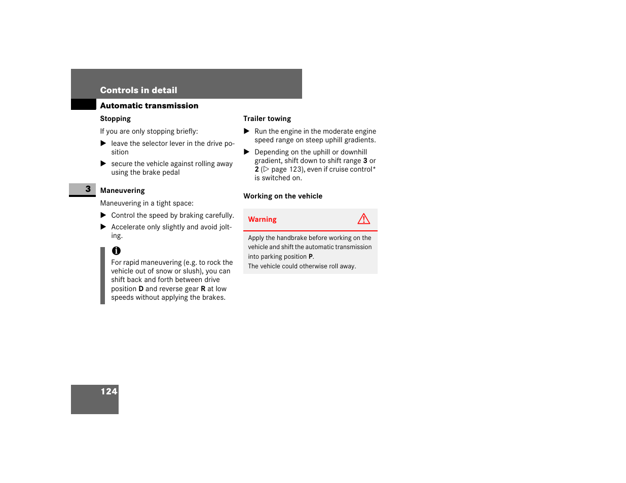 Maneuvering, Working on the vehicle | Dodge 2007 Sprinter User Manual | Page 125 / 393