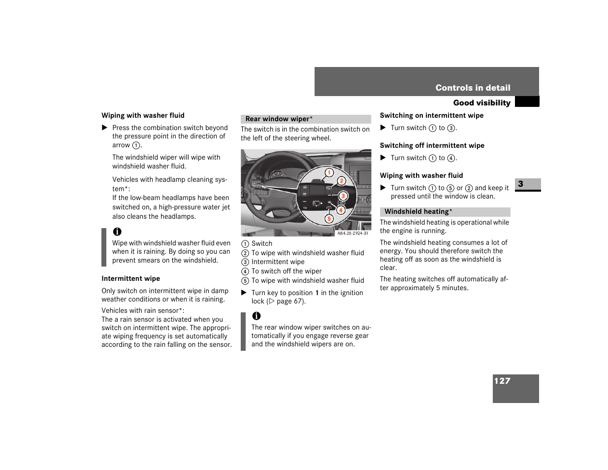 Intermittent wipe, Rear window wiper, Switching off intermittent wipe | Wiping with washer fluid, Windshield heating | Dodge 2007 Sprinter User Manual | Page 128 / 393