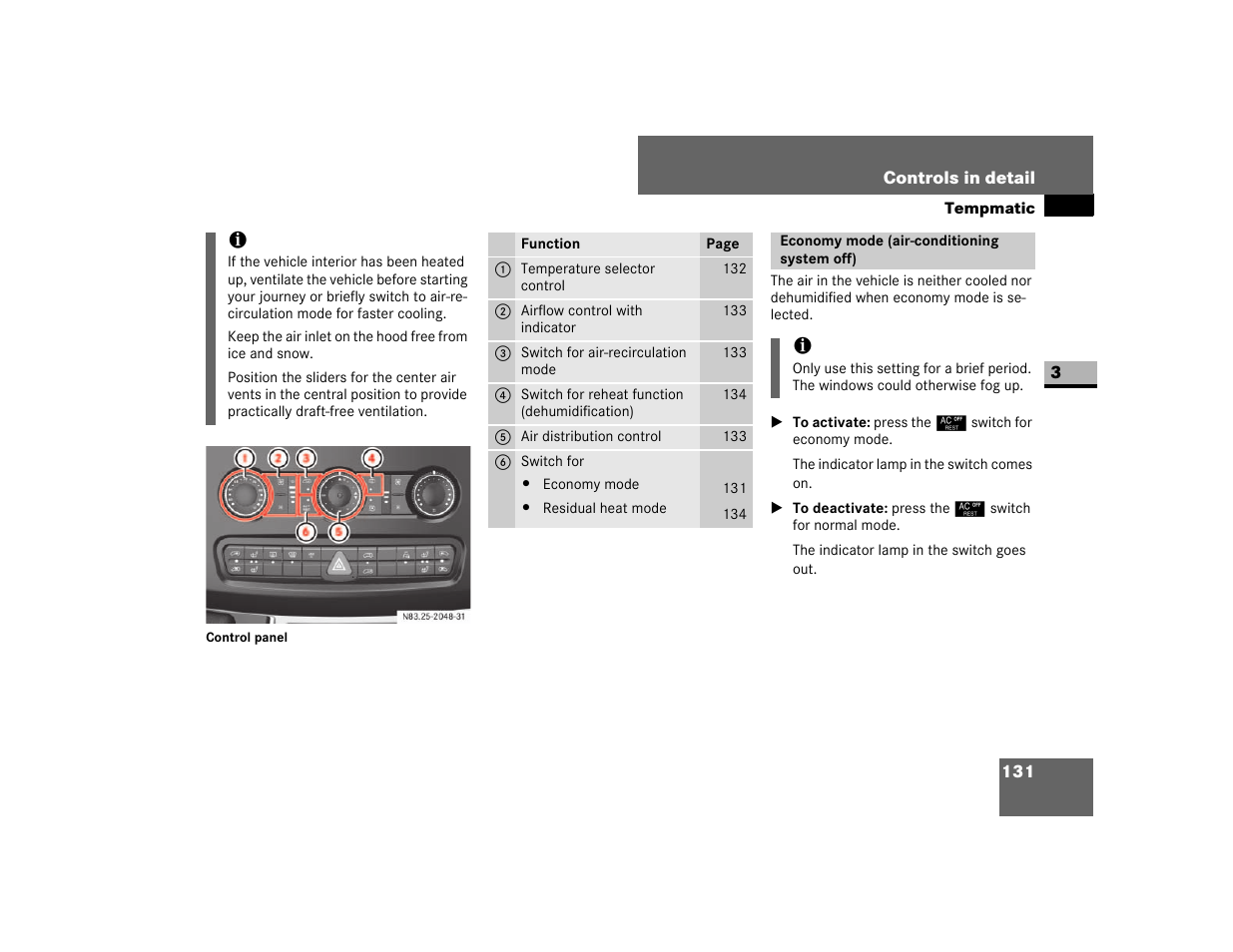 Economy mode (air-conditioning system off) | Dodge 2007 Sprinter User Manual | Page 132 / 393