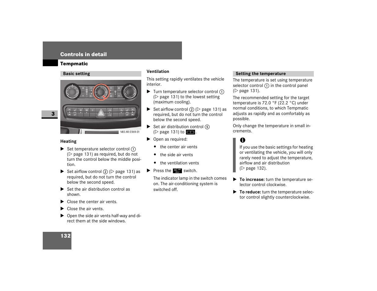 Basic setting, Heating, Ventilation | Setting the temperature | Dodge 2007 Sprinter User Manual | Page 133 / 393