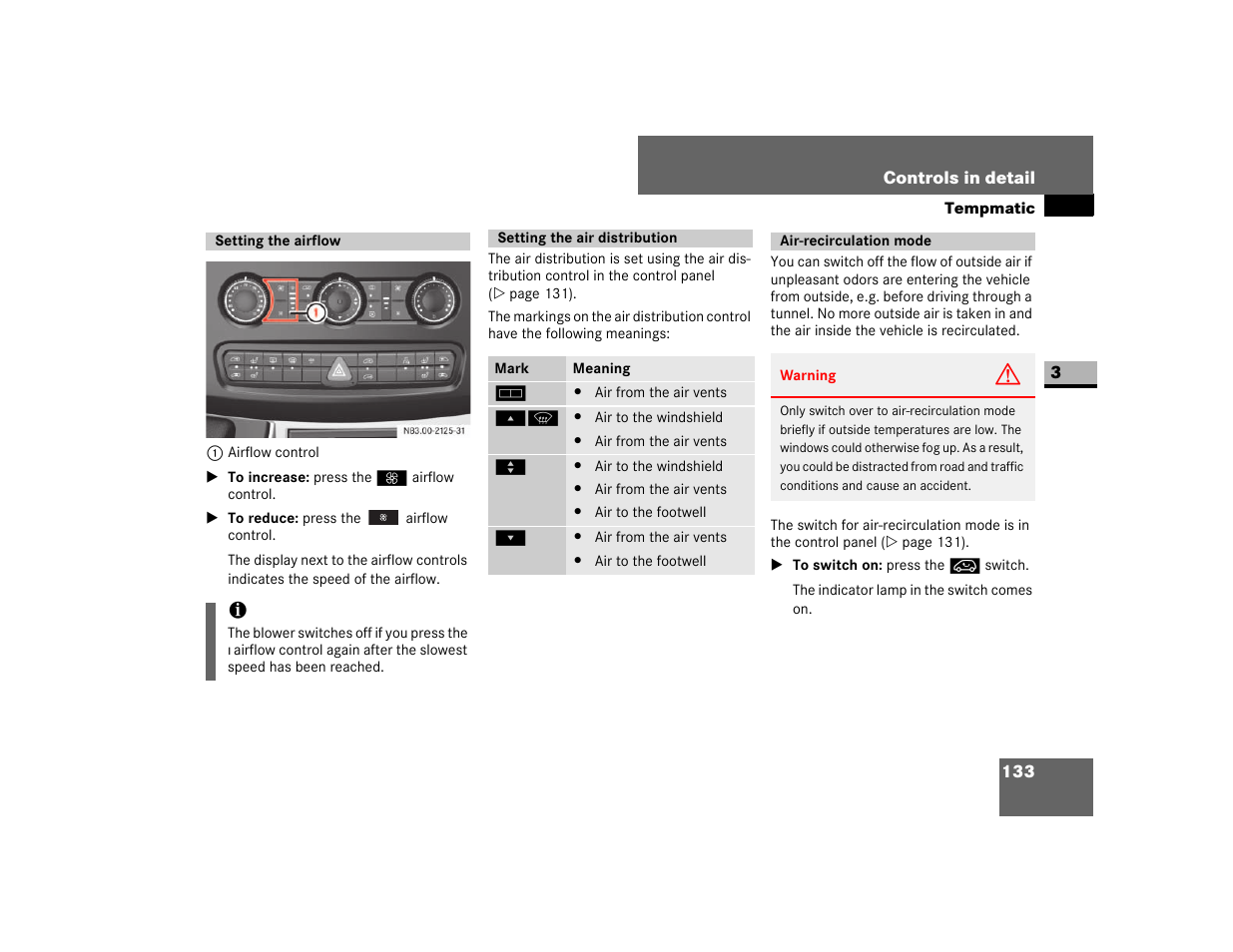 Setting the airflow, Air-recirculation mode | Dodge 2007 Sprinter User Manual | Page 134 / 393