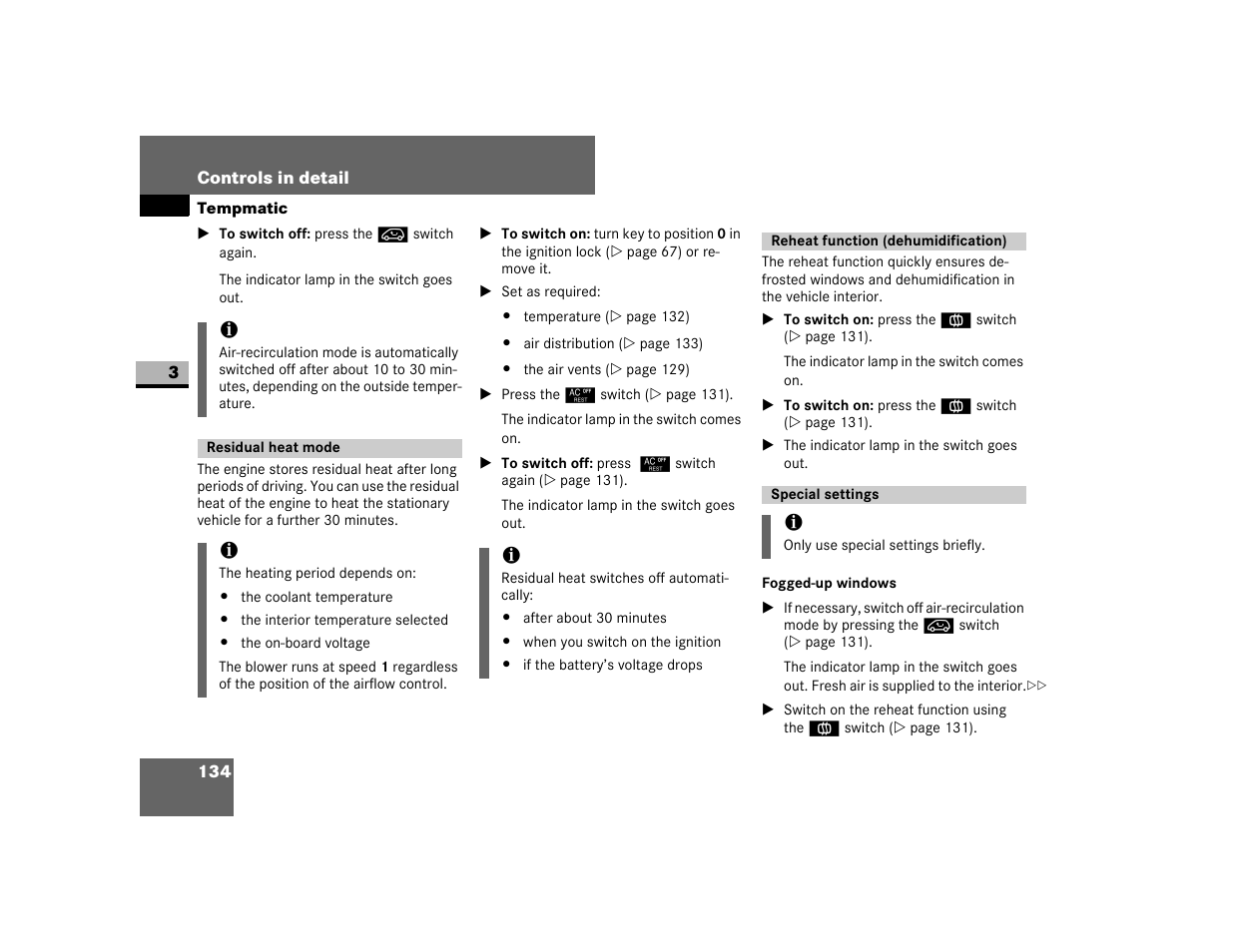 Residual heat mode, Reheat function (dehumidification), Special settings | Fogged-up windows | Dodge 2007 Sprinter User Manual | Page 135 / 393
