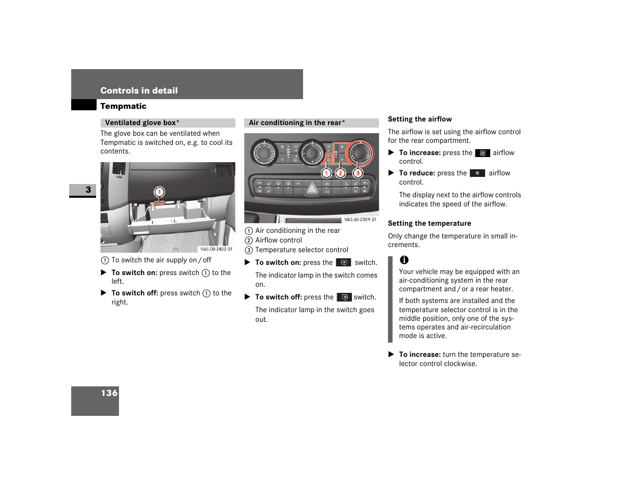 Ventilated glove box, Air conditioning in the rear, Setting the temperature | Dodge 2007 Sprinter User Manual | Page 137 / 393
