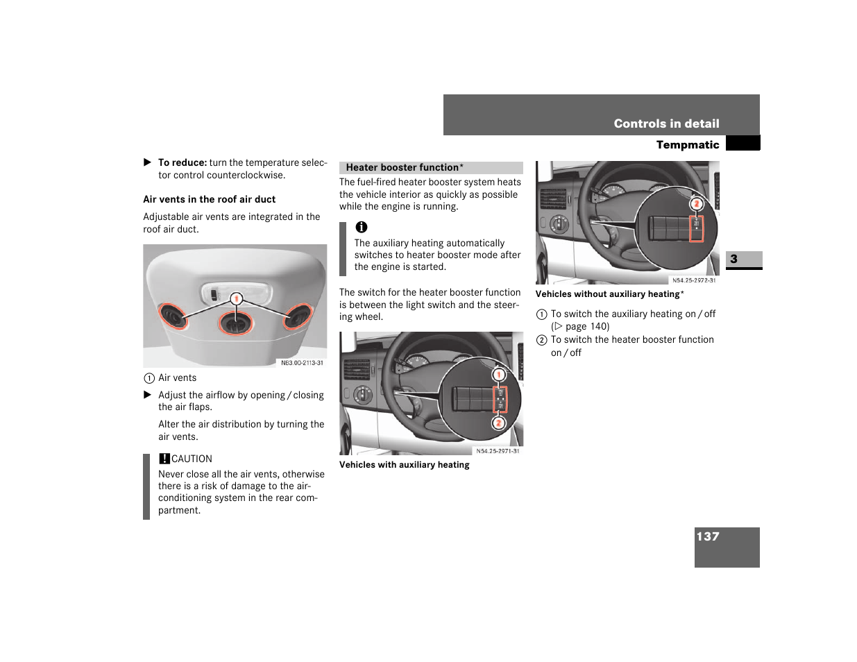 Air vents in the roof air duct, Heater booster function | Dodge 2007 Sprinter User Manual | Page 138 / 393