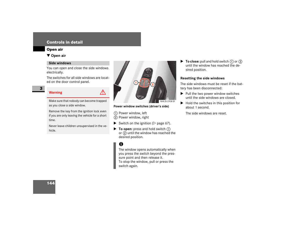 Open air, Side windows, Resetting the side windows | Dodge 2007 Sprinter User Manual | Page 145 / 393