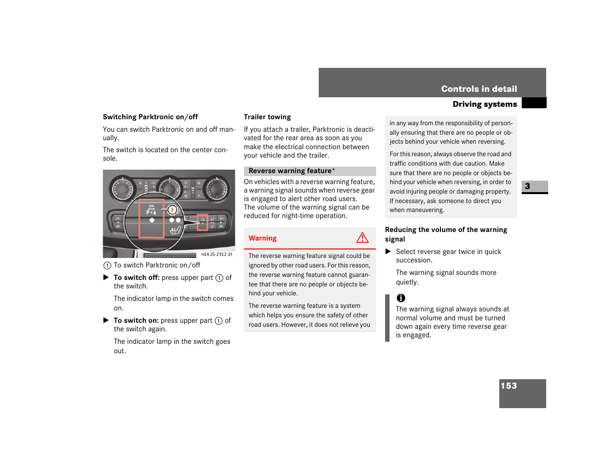 Reverse warning feature, Reducing the volume of the warning signal | Dodge 2007 Sprinter User Manual | Page 154 / 393
