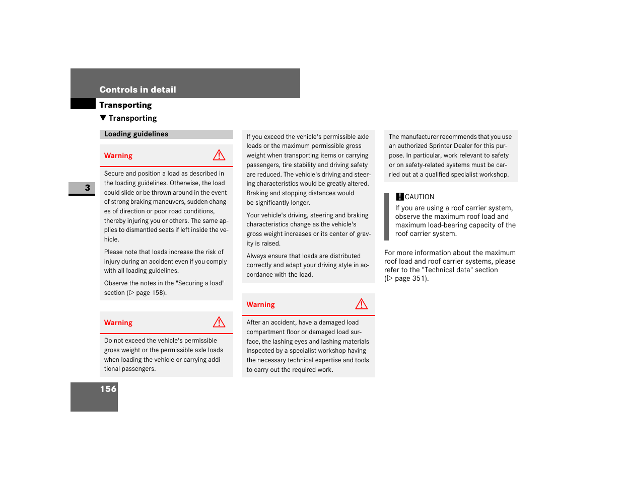 Transporting, Loading guidelines, Under “transporting156 | Dodge 2007 Sprinter User Manual | Page 157 / 393
