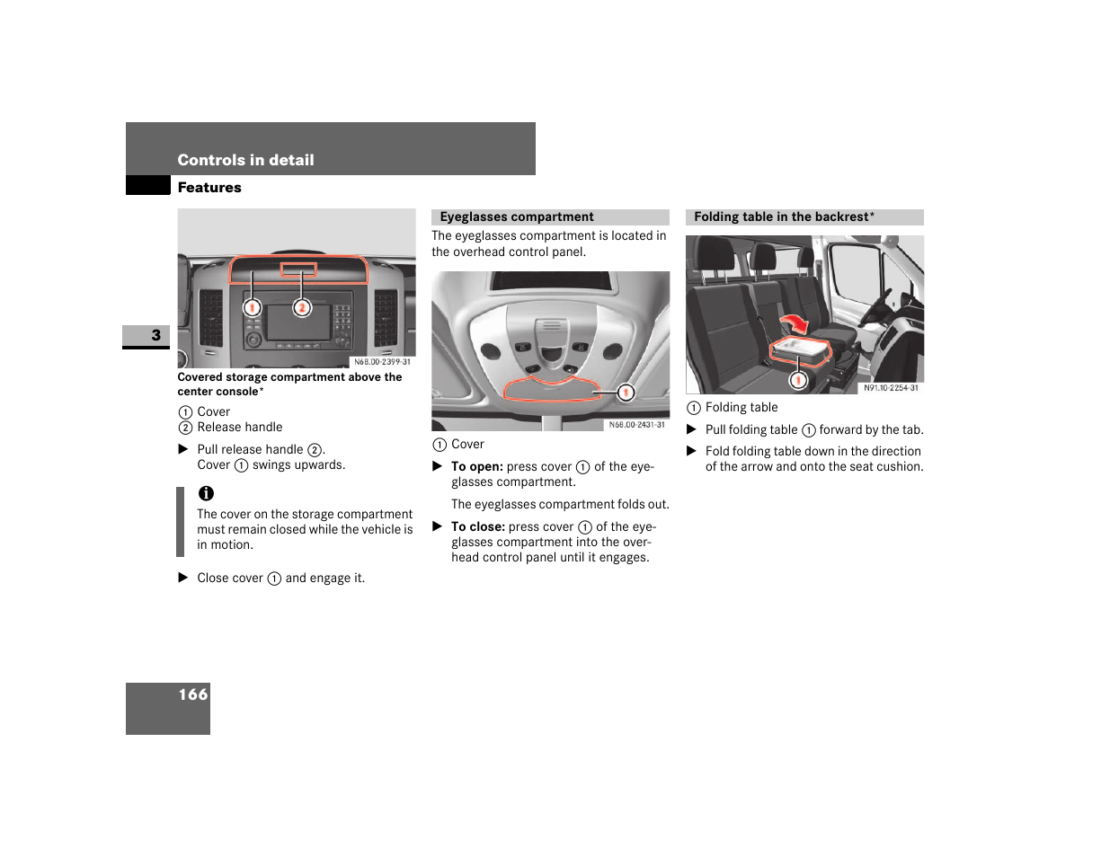 Eyeglasses compartment, Folding table in the backrest | Dodge 2007 Sprinter User Manual | Page 167 / 393