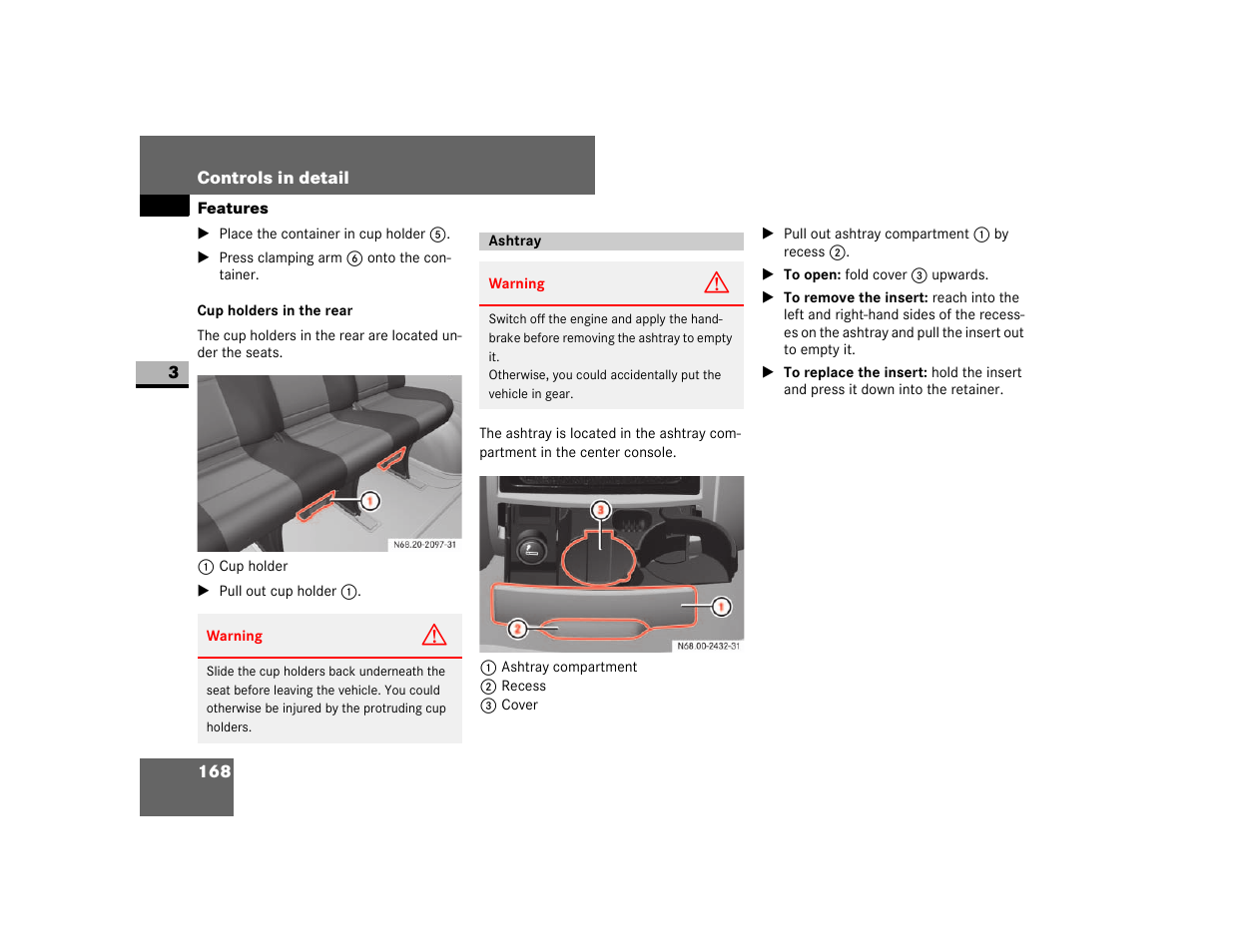 Cup holders in the rear, Ashtray | Dodge 2007 Sprinter User Manual | Page 169 / 393
