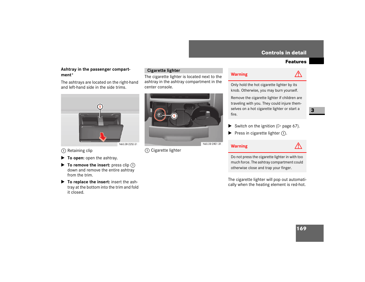 Ashtray in the passenger compartment, Cigarette lighter | Dodge 2007 Sprinter User Manual | Page 170 / 393