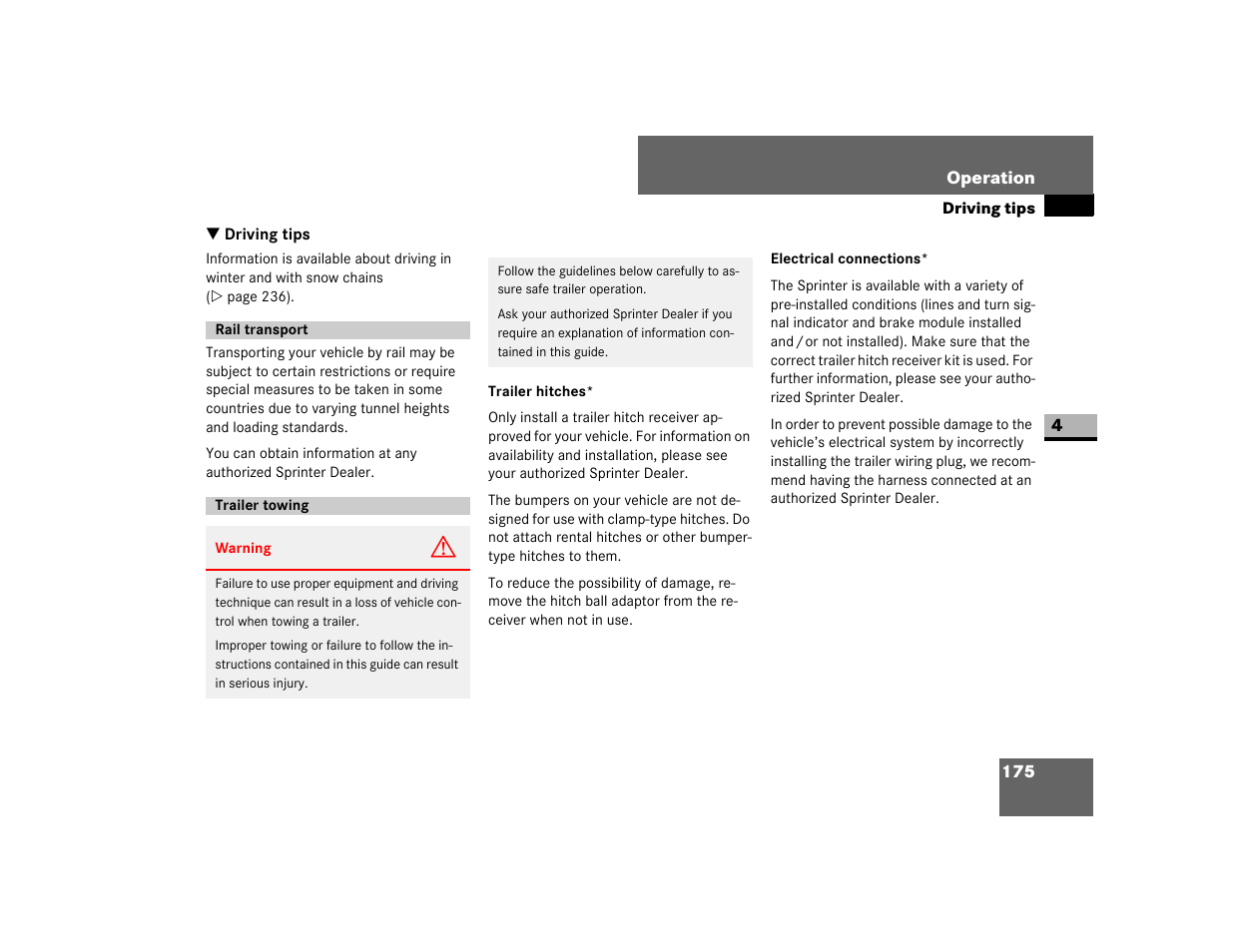 Driving tips, Rail transport, Trailer towing | Trailer hitches | Dodge 2007 Sprinter User Manual | Page 176 / 393