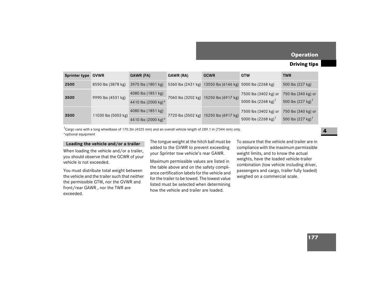 Loading the vehicle and/or a trailer, 177 operation | Dodge 2007 Sprinter User Manual | Page 178 / 393