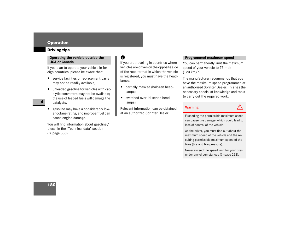 Operating the vehicle outside the usa or canada, Programmed maximum speed | Dodge 2007 Sprinter User Manual | Page 181 / 393