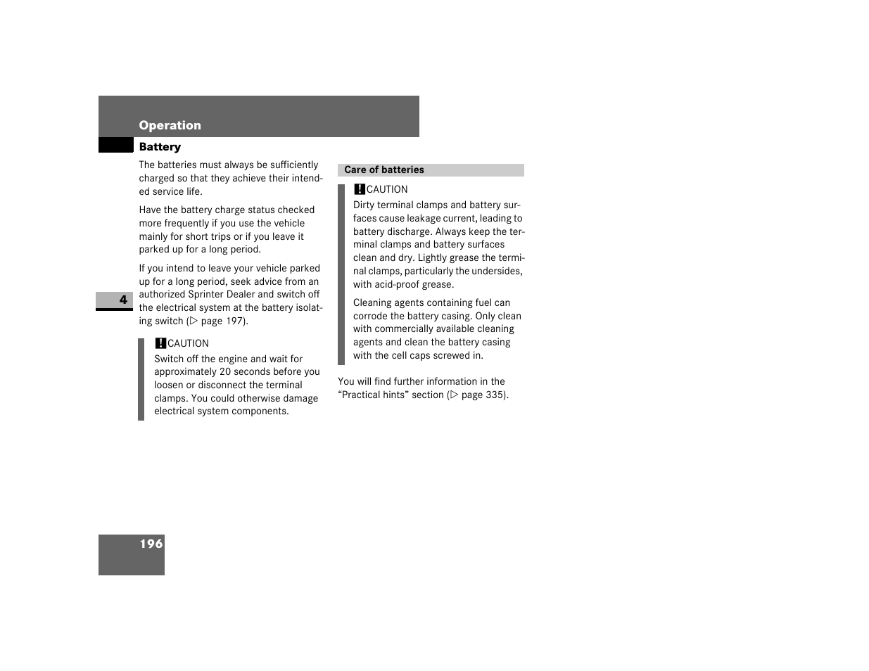 Care of batteries | Dodge 2007 Sprinter User Manual | Page 197 / 393