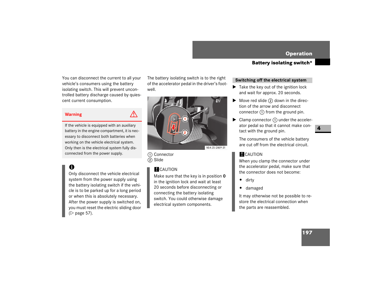 Switching off the electrical system, System, Battery isolating switch | Ing switch | Dodge 2007 Sprinter User Manual | Page 198 / 393