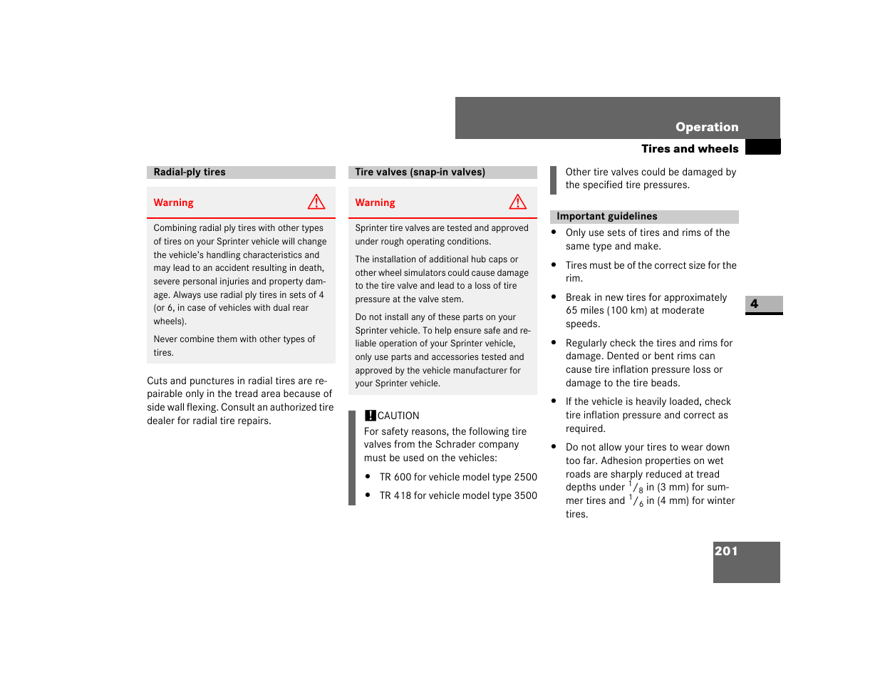 Radial-ply tires, Tire valves (snap-in valves), Important guidelines | Dodge 2007 Sprinter User Manual | Page 202 / 393