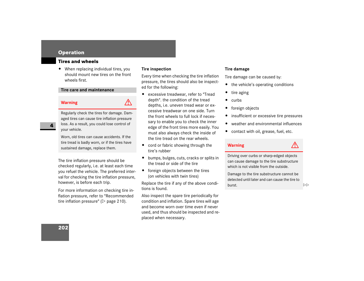 Tire care and maintenance, Tire damage | Dodge 2007 Sprinter User Manual | Page 203 / 393