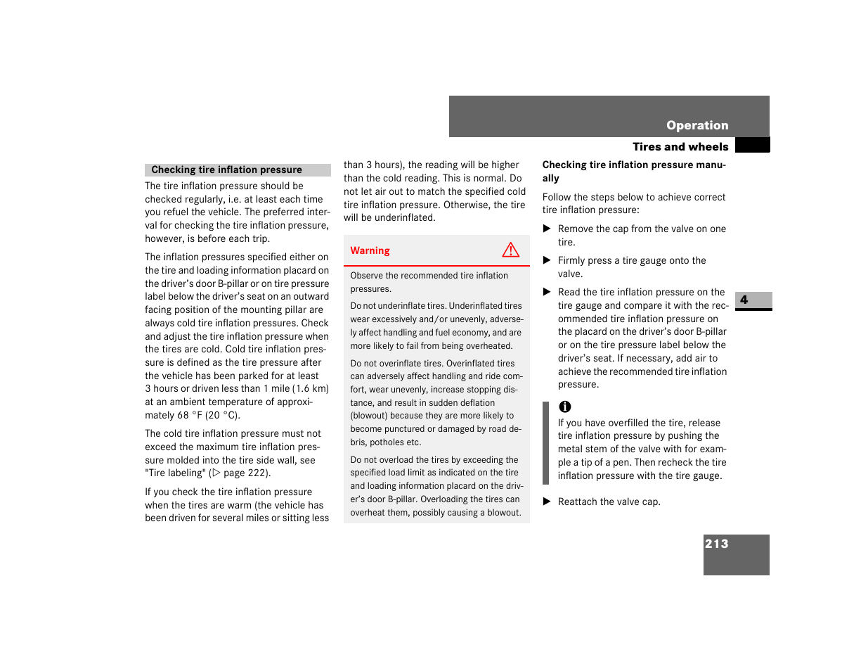 Checking tire inflation pressure, Checking tire inflation pressure manually, Cessary | Dodge 2007 Sprinter User Manual | Page 214 / 393