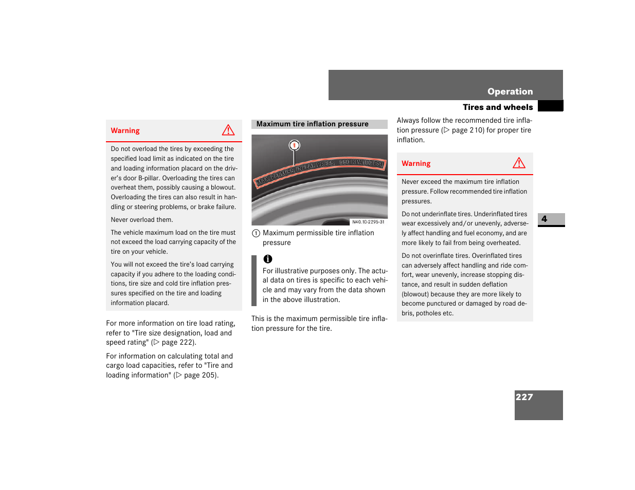Maximum tire inflation pressure | Dodge 2007 Sprinter User Manual | Page 228 / 393