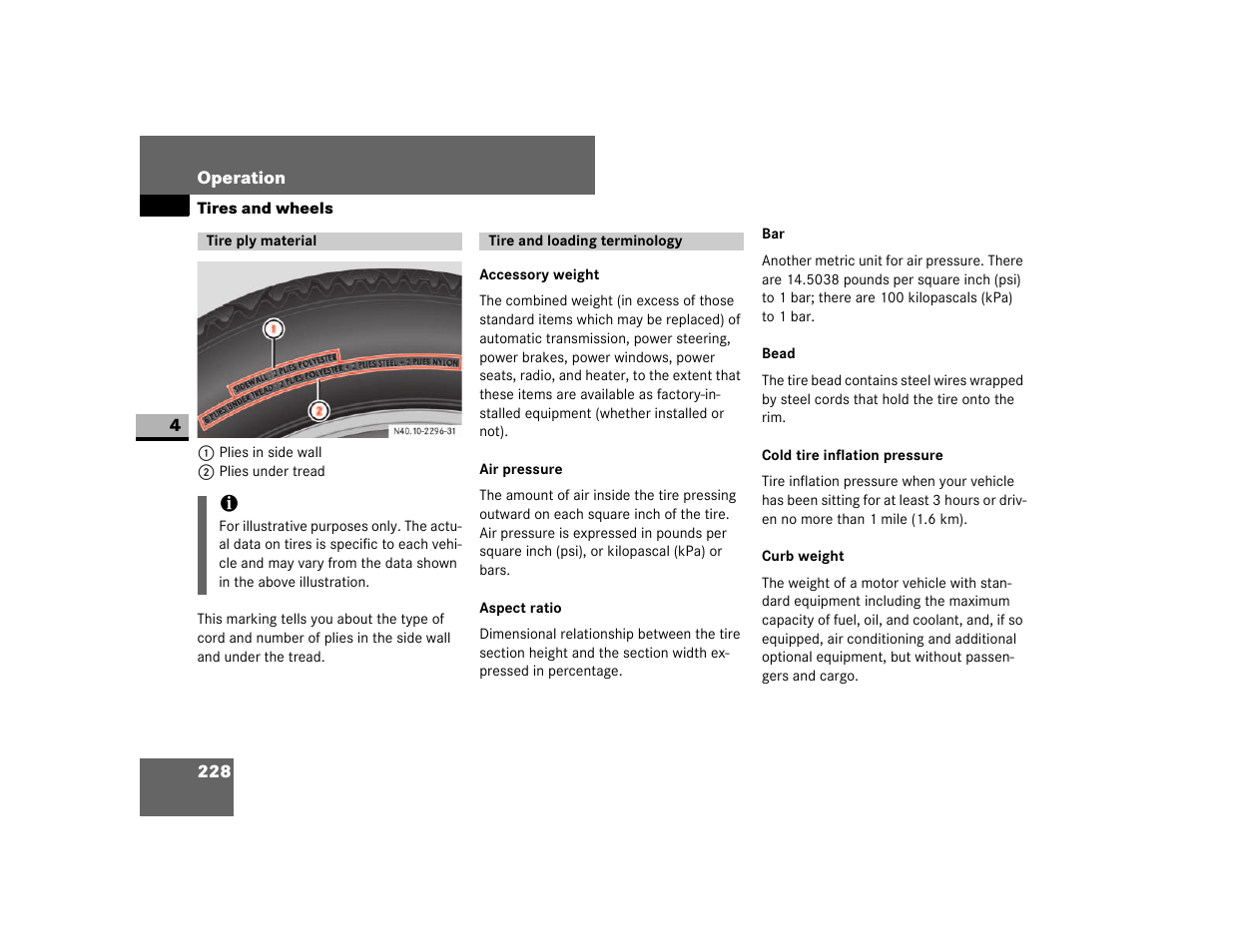 Tire ply material, Tire and loading terminology, Accessory weight | Air pressure, Aspect ratio, Bead, Cold tire inflation pressure, Curb weight | Dodge 2007 Sprinter User Manual | Page 229 / 393