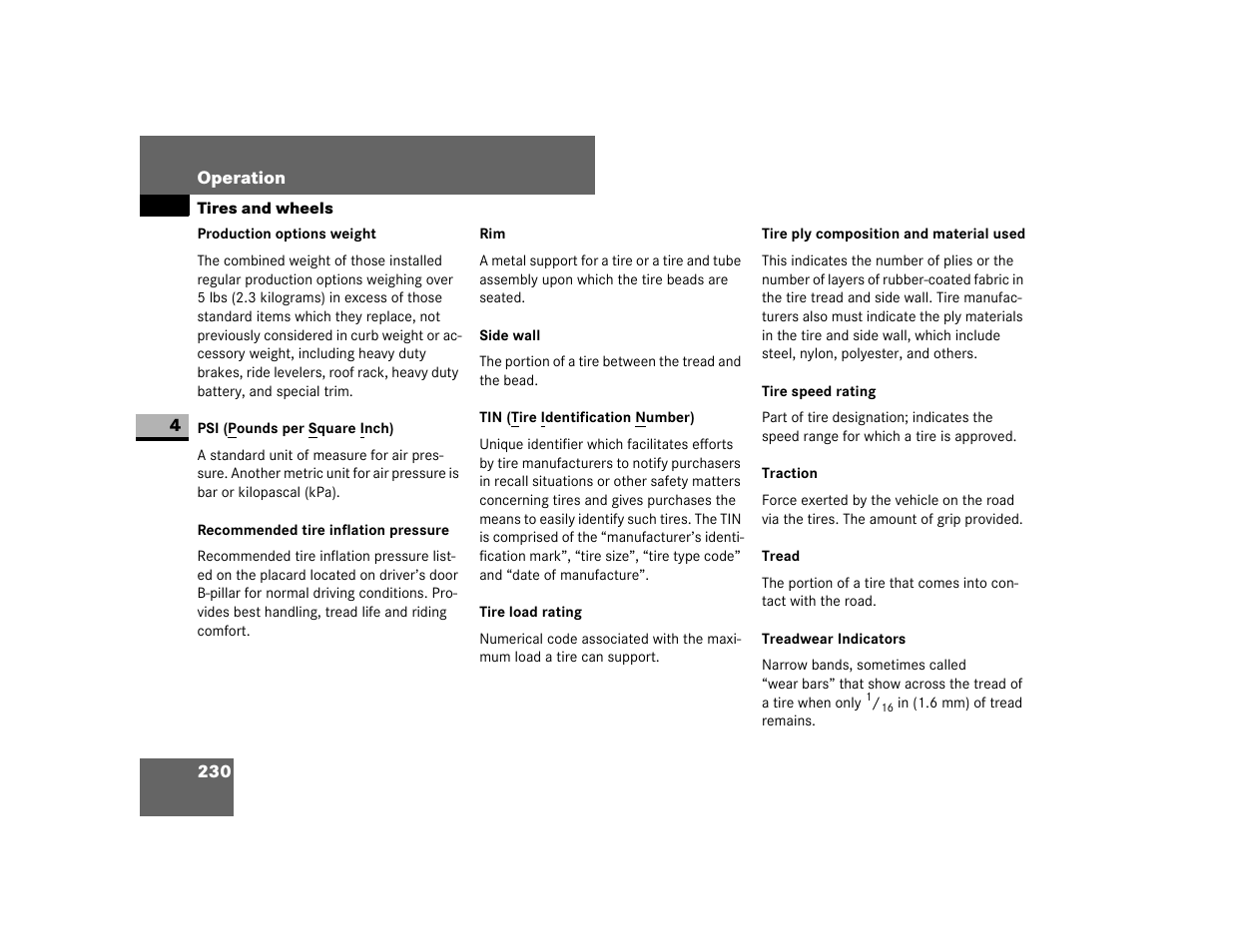 Psi (pounds per square inch), Recommended tire inflation pressure, Side wall | Tin (tire identification number), Tire load rating, Tire speed rating, Traction, Tread, Treadwear indicators | Dodge 2007 Sprinter User Manual | Page 231 / 393