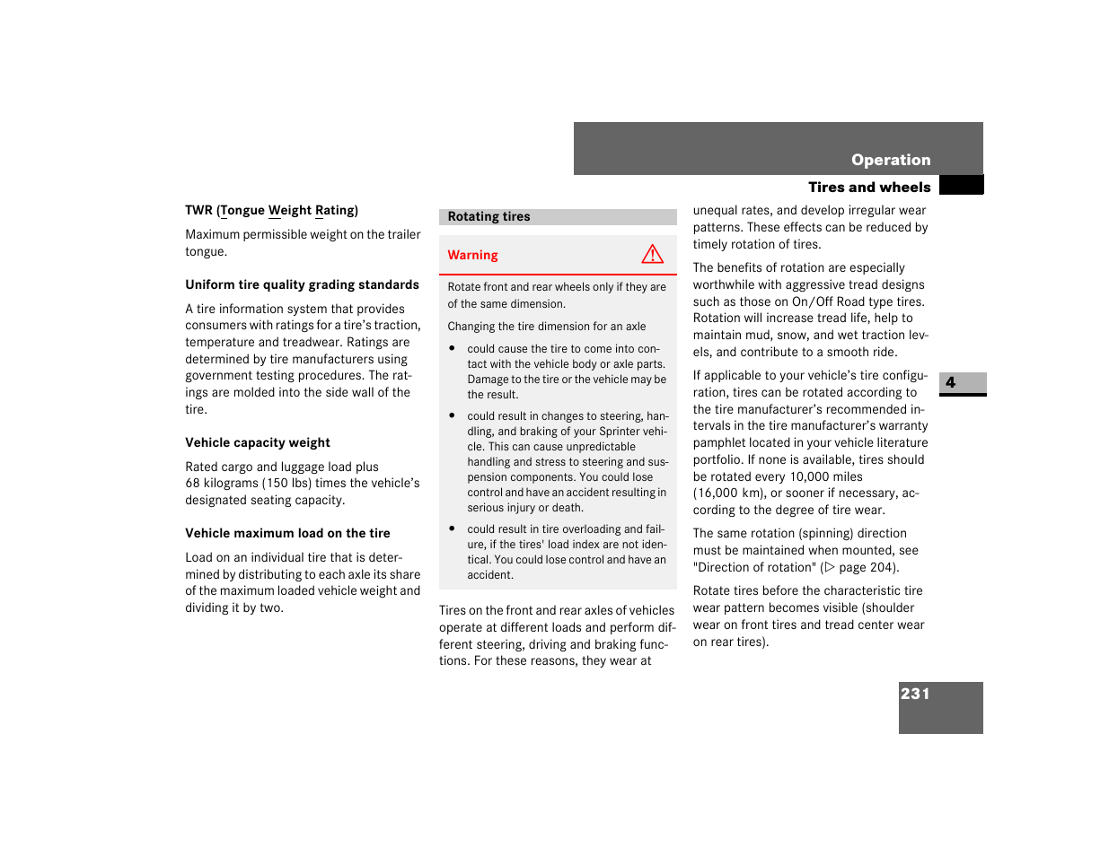 Twr (tongue weight rating), Uniform tire quality grading standards, Vehicle capacity weight | Vehicle maximum load on the tire, Rotating tires | Dodge 2007 Sprinter User Manual | Page 232 / 393
