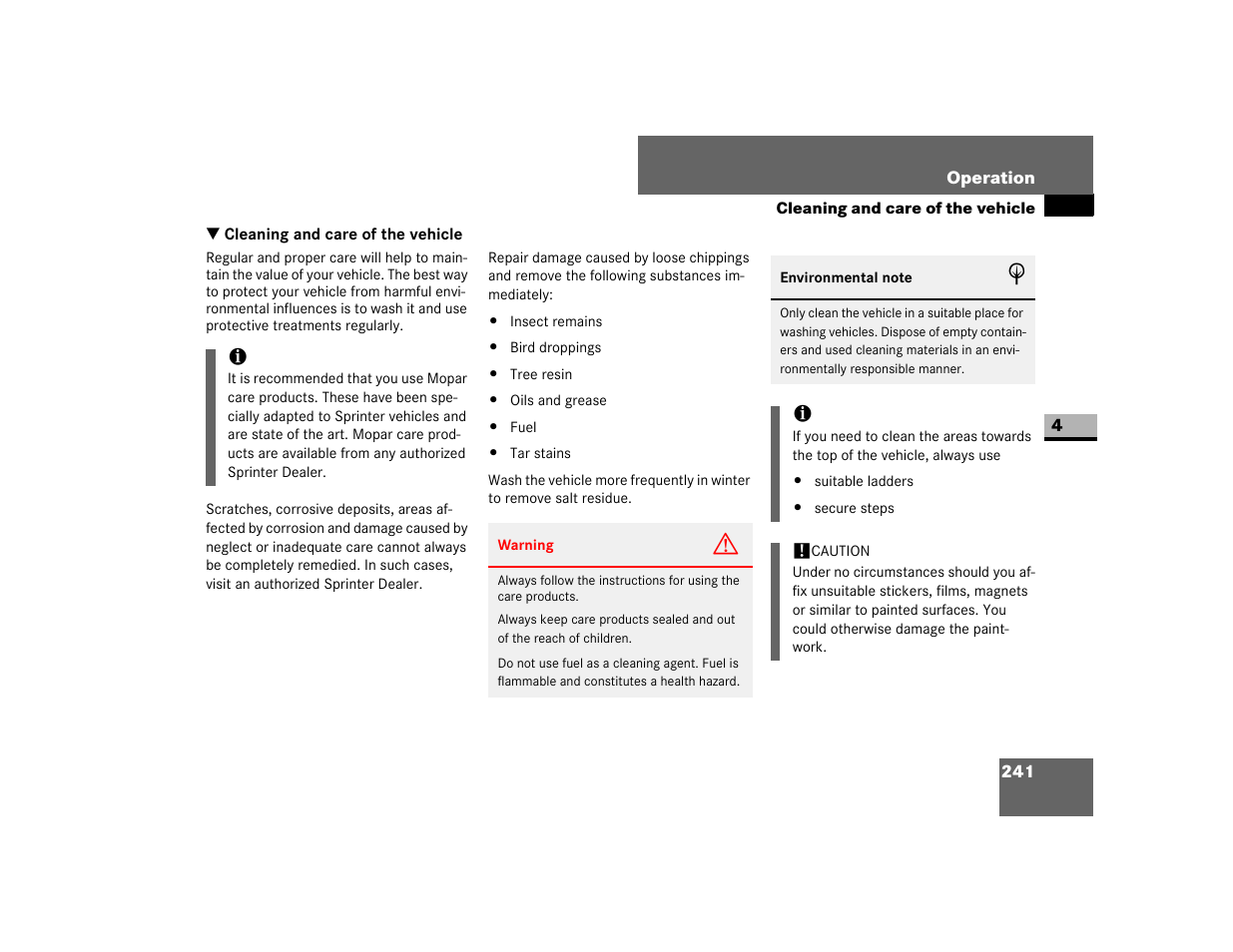 Cleaning and care of the vehicle | Dodge 2007 Sprinter User Manual | Page 242 / 393