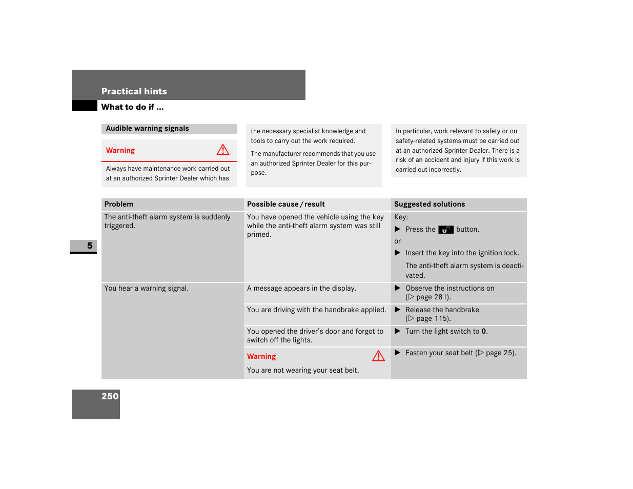 What to do if, Audible warning signals | Dodge 2007 Sprinter User Manual | Page 251 / 393