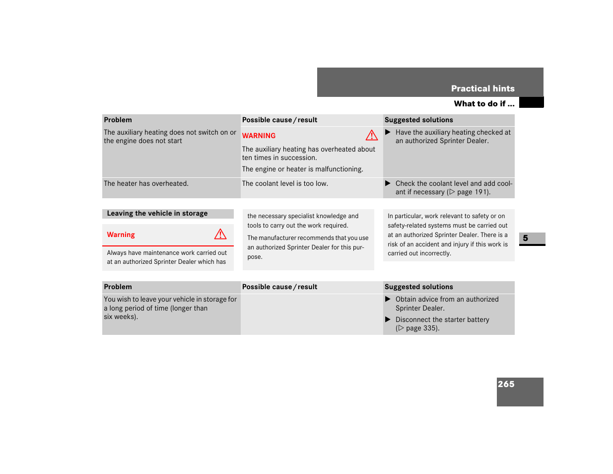 Leaving the vehicle in storage | Dodge 2007 Sprinter User Manual | Page 266 / 393